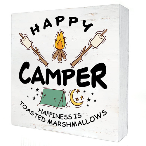 Rustic Camping Wood Box Sign Home Decor Country Marshmallow Camp Wooden Box Sign Block Plaque for Wall Desk Decoration