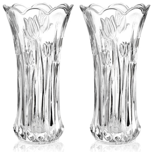 Dicunoy Set of 2 Glass Flower Vase, 9.5" Large Flower Vases for Centerpieces, Modern Clear Rose Vase, Heavy Duty Crystal Tall Cylinder Flared Vase for Home, Wedding, Living Room, Office