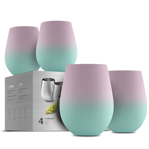Stainless Steel Unbreakable Wine Glasses - 18 Ounce Set of 4 Wine glasses. Premium Grade 18/8 Stainless Steel Red & White Stemless Wine Glasses set, (Dreamy Pink-Green)