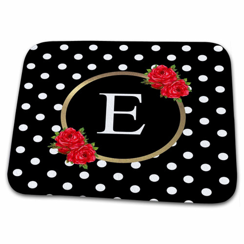 3dRose Red Rose Letter E Monogram black and white polka dots with... - Dish Drying Mats (ddm-317371-1)