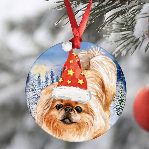 Holiday Pet Gifts Brown Pekingese Santa Hat Dog Porcelain Christmas Ornament Pekingese Dog Puppy Pet Xmas Ornaments Christmas Tree Ornaments Decorations Round Ornament Christmas Holiday Home Decor