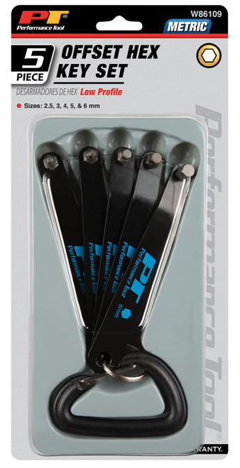 Performance Tool W86109 Metric Low Profile Offset Hex Key Wrench Tool Set for Workshops and Garages, Black, 5-Piece Set