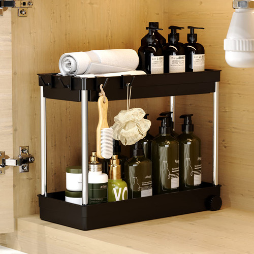 Under Sink Organizer, 2 Tier Under Bathroom Cabinet Storage, Pull Out Under Sink Storage Rack, Under Cabinet Organizer and Storage with Hooks, Multi-purpose Shelf Organizer for Bathroom/Kitchen