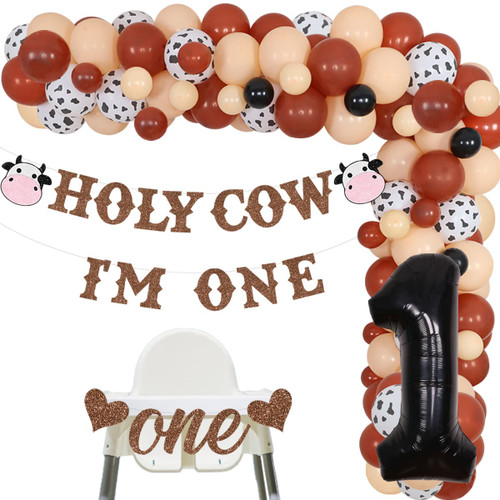 Holy Cow Im One Birthday Decorations Farm Cow Theme 1st Birthday Party Decorations Brown Black Balloon Garland Arch Kit with Holy Cow Im One Banner One High Chair Banner for Cow 1st Birthday