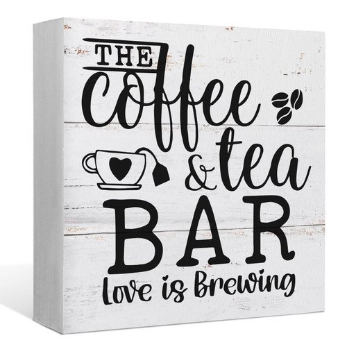 The Coffee and Tea Bar Love is Brewing Wood Box Sign Desk Decor,Rustic Wooden Block Sign Decorations for Home Kitchen Office Coffee and Tea Bar Wall Tabletop Shelf Decor