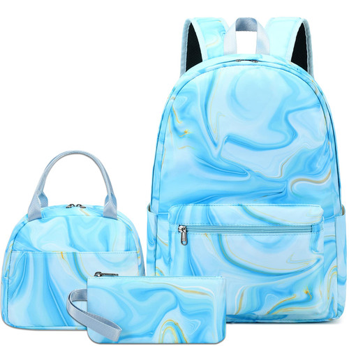 LOIDOU Backpack for Teen Girls Bookbags School Backpack with Lunch Box and Pencil Case 3 in 1 School Bags Set (Marble Blue)