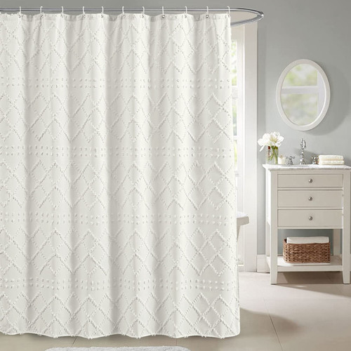 YoKii White Boho Shower Curtain Extra Long 72x84 Inches, Modern Farmhouse Shabby Chic Chenille Tufted Minimal Geometric Chic Cute Fabric Shower Curtains Set Bohemian Bathroom Deocr