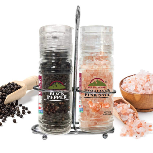 Himalayan Chef Stainless Steel Himalayan Salt and Pepper Grinder Set - Small Glass Shaker-5.3oz