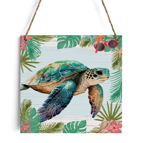 HTBIG Rustic Sea Turtle Decor Wooden Sign, Farmhouse Beach Theme Wood Hanging Wall Decorations for Home Outdoor 7.1 x 7.1 Inches - Rustic Summer Artwork Sign