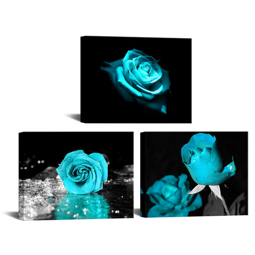 iKNOW FOTO Turquoise Wall Decor for Bedroom 3 Piece Canvas Wall Art Teal Blue Rose Flowers Pictures Prints Black and White Painting Framed Artwork Ready to Hang Each Size 12x16