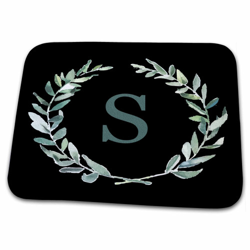 3dRose Wreath with monogram initial letter S in green on black... - Dish Drying Mats (ddm-337375-1)