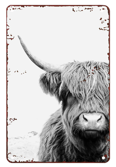 Highland Cow Decorations for Home Highland Cow Black and White Wall Decor Metal Sign Decor Tin Sign Chic Art Wall Metal Decorations Funny Iron Plaque Signs Gift 8x12 inch