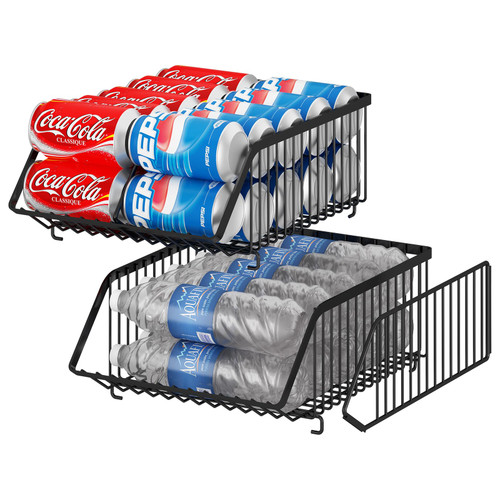 GILLAS 2 Pack Stackable Soda Can Organizer with Dividers for Refrigerator, Can Holder Dispenser Canned Food Organizer, Beverage Storage Basket Rack Drink Organizer for Fridge, Kitchen, Pantry, Black
