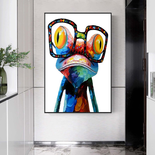 Recrtain Cute Frog Wall Art Canvas Paintings Colorful Funny Frog with Glasses Pictures, Abstract Animals Canvas Wall Art Posters Prints for Bedroom Living Room Kitchen Bathroom Office Wall Decor