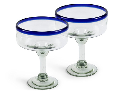 16 oz Hand Blown Mexican Margarita Glasses Set of 2 Mexican Glassware - Cobalt-Blue Rim