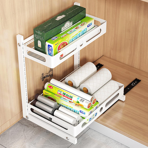 Potaosey Under Sink Organizers and Storage White 2-Tier Metal Under Sink Organizer Multi-purpose Slide Out Under Sink Organizers Pull Out Cabinet Storage Shelf Kitchen Laundry Sink Organizer