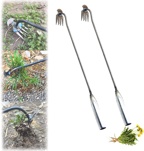 Hawtrytoa New Weeding Artifact Uprooting Weeding Tool, 4 Teeth Dual Purpose Weeder, Hand Weeder Tool Garden Weeding Tool Weed Puller with Handle (2pcs 50cm)