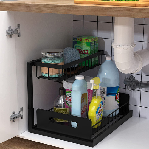 Shinhadi Under Sink Organizer Pull Out Cabinet Organizer 2-Tier Slide Out Sliding Shelf Under Cabinet Storage Multi-Use for Under Kitchen Bathroom Sink Organizers and Storage?Black?