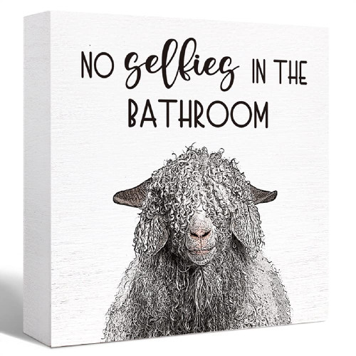 Funny Bathroom Wood Sign No Selfies in the Bathroom Funny Sheep Wood Block Sign for Bathroom Shelf Toilet Restroom Home Tabletop Desk Decor,Farmhouse Bathroom Wooden Box Sign