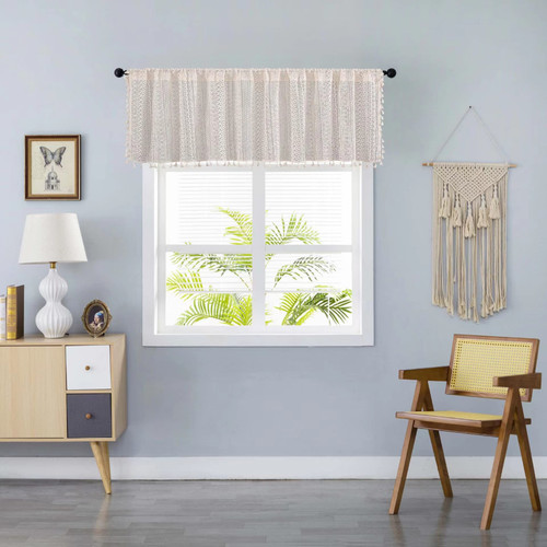 Deeprove Lace Curtain 36 Inch Length, Valance Tier Boho Sheer Knitted Crochet Embroidery Geometric for Kitchen Decor, Handmade Tassels Bohemian Vintage, Cream, 1 Panel W59 x L36