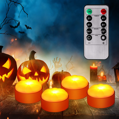 4 Pieces Halloween LED Pumpkin Lights Jack O Lantern with Remote and Timer Battery Operated Dimmable Flameless Jack O Lantern Candles Bright Electric Pumpkin Candle for Pumpkin Inside Outdoor Decor()