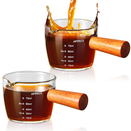 Tanlade Single Spout Espresso Shot Glass 75ML with Wood Handle Espresso Glass Carafe Shot Glass Measuring Cup Mini Milk Glass Cup with Handle for Milk Coffee Espresso Making (Clear, 2 Pieces) Tanlade Single Spout Espresso Shot Glass 75ML with Wood Handle Espresso Glass Carafe Shot Glass Measuring Cup Mini Milk Glass Cup with Handle for Milk Coffee Espresso Making (Clear, 2 Pieces)