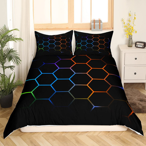 Feelyou Geometric Duvet Cover Set Honeycomb Bedding Set for Kids Boys Girls Multicolor Hexagonal Shaped Comforter Cover Orange Blue Red Black Decor Quilt Cover Bedroom Collection 2Pcs Twin Size