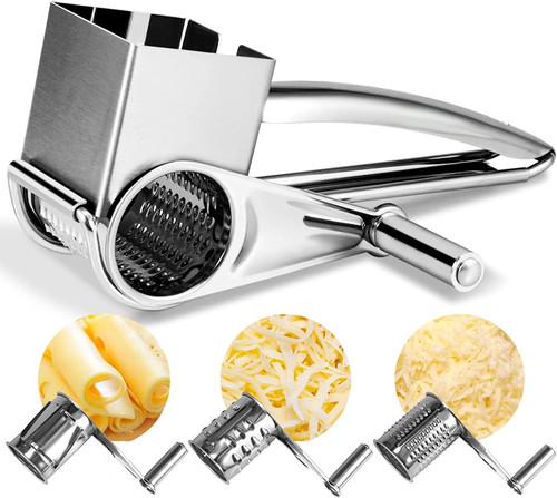 3 in 1 Cheese Grater with Handle, Rotary Cheese Grater with 3 Drum Blades Stainless Steel Manual Handheld Cheese Shredder for Grating Hard Cheese Chocolate