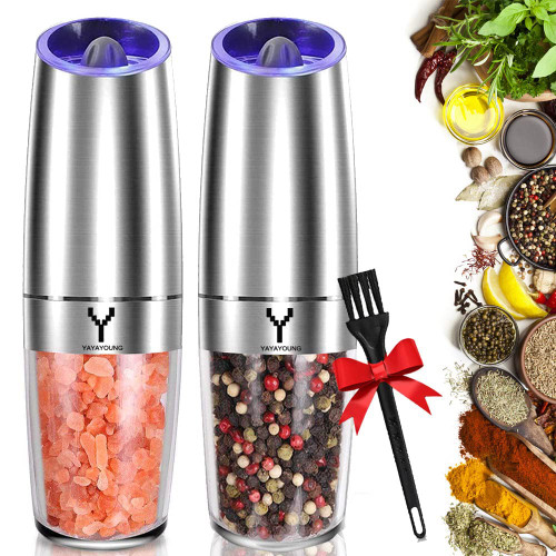 YAYAYOUNG Gravity Electric Grinder set of 2,Automatic Pepper and Salt Mill Grinder with Blue LED LIGHT,Electric Pepper Mill with Adjustable Coarseness,Refillable,salt and pepper shaker,pepper grinder
