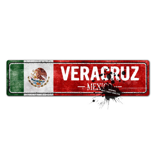 Mexico Flag Sign, Veracruz - Mexico - Mexican Flag Street Signs, Novelty Wall Art Decorations for Home, Man Cave Bar Decor, Metal, Slim, 4x16In