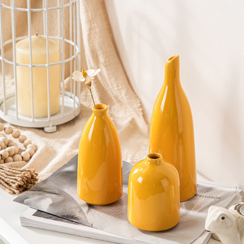 Ceramic Small Vase Set of 3, Yellow Vases for Home Decor, Modern Farmhouse Decor, Living Room Decor, Shelf Decor, Table, Bookshelf, Mantel and Entryway Decor. Ceramic Small Vase Set of 3, Yellow Vases for Home Decor, Modern Farmhouse Decor, Living Room Decor, Shelf Decor, Table, Bookshelf, Mantel and Entryway Decor.