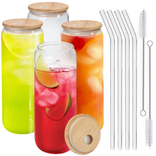 LotFancy Drinking Glasses with Bamboo Lids and Glass Straw 4pcs Set, 25oz Beer Can Shaped Glass Cups, Beer Glasses, Iced Coffee Glasses for Boba Tea, Juice, Soda, Cocktail LotFancy Drinking Glasses with Bamboo Lids and Glass Straw 4pcs Set, 25oz Beer Can Shaped Glass Cups, Beer Glasses, Iced Coffee Glasses for Boba Tea, Juice, Soda, Cocktail