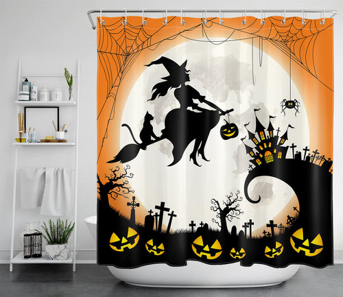 LB Halloween Shower Curtains for Bathroom with Spooky Pumpkin Witch Black Cat Haunted House Decor Horror Moon Night Dead Tree Spider Web Tombstone Festive Shower Curtain Polyester Fabric, 72X72 Inch