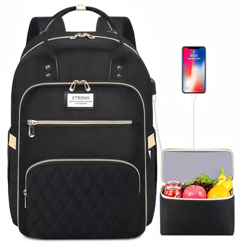 ETRONIK Lunch Backpack for Women, 15.6 inch Laptop Backpack with USB Port, Teacher Nurse Work Backpack with Insulated Cooler Lunch Bag, Travel Bags for Women & Men, Gift, Black ETRONIK Lunch Backpack for Women, 15.6 inch Laptop Backpack with USB Port, Teacher Nurse Work Backpack with Insulated Cooler Lunch Bag, Travel Bags for Women & Men, Gift, Black