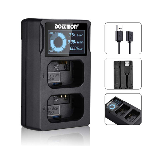 DOTTMON NP-FW50 Dual Slot Battery Charger for Sony NP FW50 Batteries for Sony Alpha A6400, A6000, A6300, A6500, A5100, A7, A7II, A7RII, A7SII, A7S, A7S2, A7R, A7RII, A55, RX10 Camera Battery and More