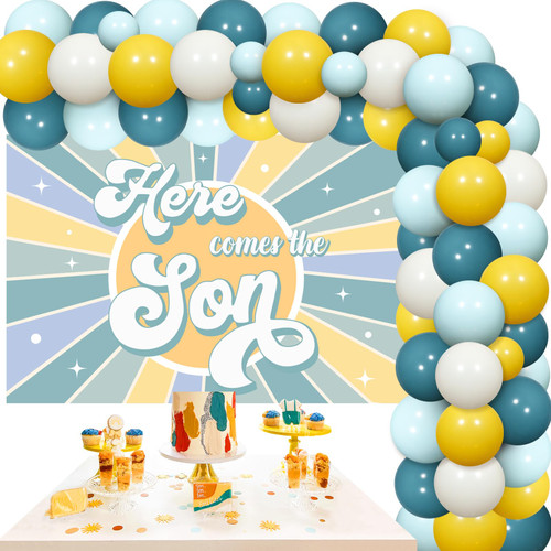 Here Comes the Son Baby Shower Decorations, Sunshine Vintage Blue Yellow Balloon Garland Kit, Here Comes the Son Backdrop for Boho Retro Baby Shower Decor Boy