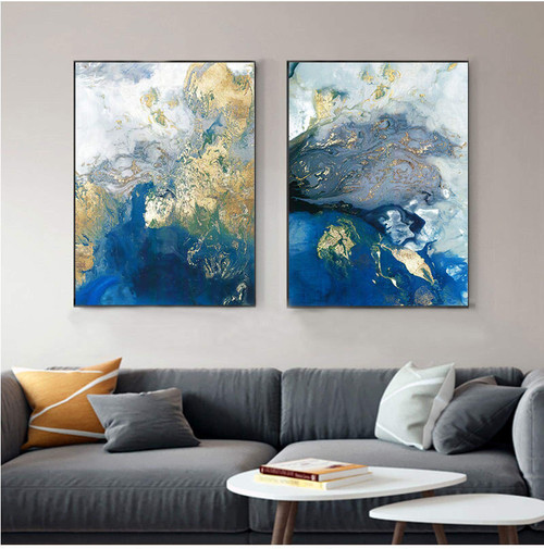 Blue Golden Modern Abstract Ocean Wall Nordic Canvas Print Painting Contemporary Art Decoration Picture Living Room Decor 40x60cm2pcs Frameless