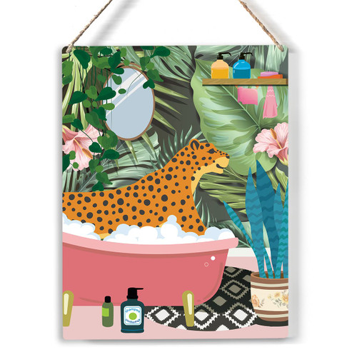 Leopard in Bathtub Wood Sign Botanical Animal Bathroom Wooden Signs Rustic Hanging Plaque Home Wall Art "8 x 10", Perfect Sign Wall Decor for Home Bathroom Restroom Toilet