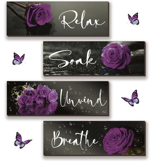 4 Pieces Purple Bathroom Wall Decor Purple Rose Wall Decor Wooden Bathroom Accessories with Relax Soak Unwind Breathe Wall Art For Girl Women Bedroom Living Room Home Decoration (Purple 12 X 4 Inch)