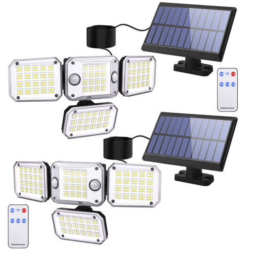 XINROAM Solar Outdoor Lights Motion Sensor: Solar Powered Security Lights with 2 Sensors LED Flood Lights for Outside - 4 Heads Separate Solar Panel 3 Lighting Mode IP65 Waterproof Wall Lamp - 2Pack
