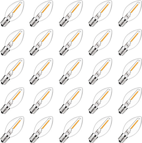 C7 LED Replacement Christmas Light Bulb, 25 Pack C7 Shatterproof LED Bulbs for Christmas Outdoor String Lights, E12 Candelabra Base, Commercial Grade Holiday Bulbs, Warm White