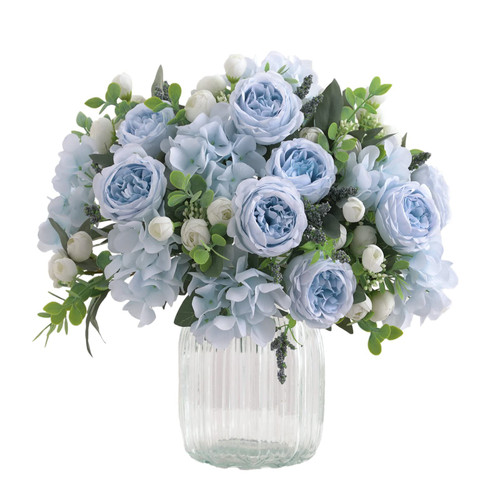 Karoro 4 Bunches Artificial Flowers for Decoration Blue Peonies Fake Roses Arrangements Table Centerpiece Faux Flores for Wedding Home Vase Decor