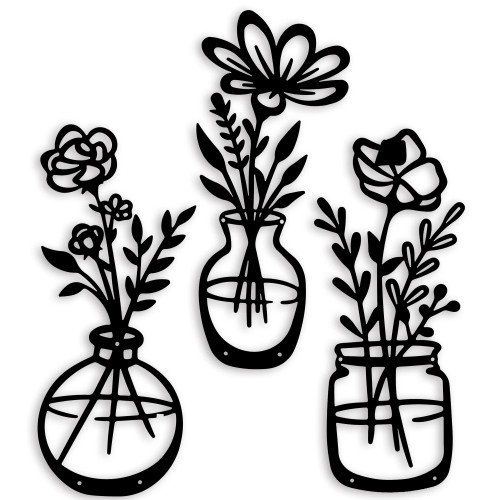 qzmaikoo 3 Pieces Black Metal Flowers Wall Decor Metal Vase Wall Art Metal Wall Sculptures Hanging for Indoor Kitchen Bathroom Bedroom living room,14.56x5.9 inches