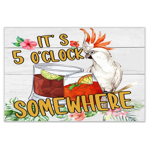 Autravelco It's Five O'clock Somewhere Wood Signs Personalized Shelf Wall Decorative Wood Plaque Retro Parrot Flowers Flamingo Beach Wood Wall Sign for Living Room Offices 12x18 Inch