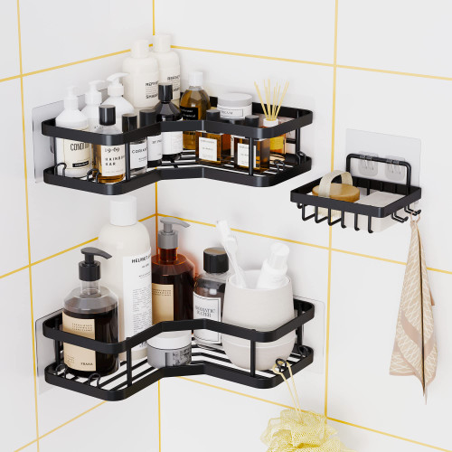 ZHOHO TANT Corner Shower Caddy 3 Pack Corner Shower Shelf?with Adhesive Hooks and Soap Holder Stainless Steel Shower Organizer Corner Shelf Rack for Bathroom Storage(Black)