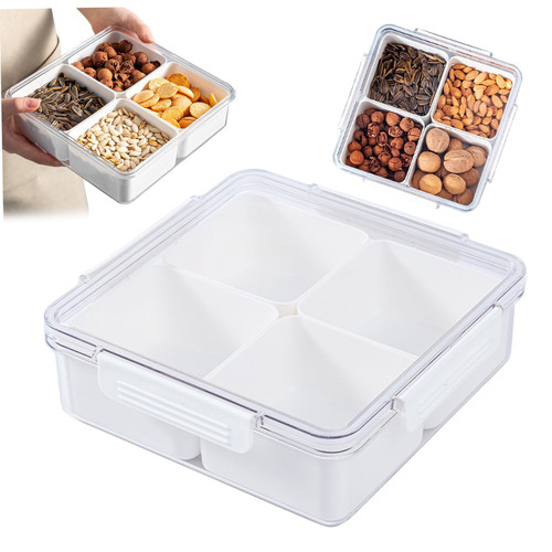 Divided Serving Tray with Lid Square Appetizer Serving Platters with 4 Individual Dishes Leakproof Serving Bowl for Veggie Snack Nut Dried Fruit Candy Divided Serving Tray Appetizer Serving Platter