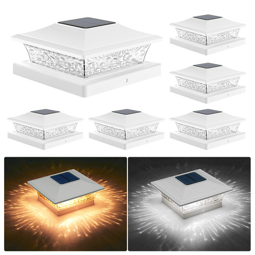 APONUO Solar Post Cap Lights 15 Lumens,4x4 Post Solar Lights 2 Color Mode Outdoor Waterproof for Fence Post Caps 4x4,6x6 Wood&4x4 Vinyl Deck Post Caps,White,6 Pack
