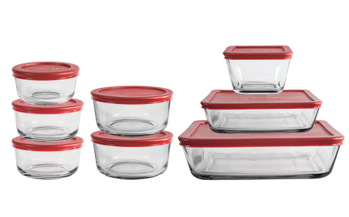 Anchor Hocking SnugFit 16 Piece Glass Food Storage Containers with Lids, Red