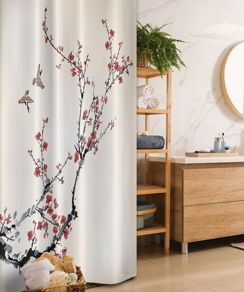 Ambesonne Nature Stall Shower Curtain, Cherry Branches Flowers Buds and Birds Style Artwork with Painting Effect, Fabric Bathroom Decor Set with Hooks, 36" W x 72" L, Burgundy Black