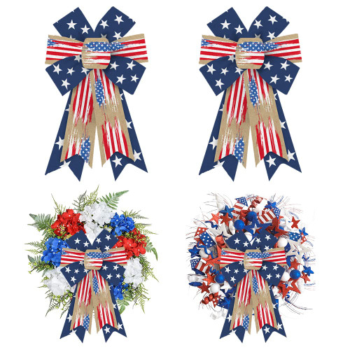 2pcs Patriotic Bows for Wreath, Patriotic Wreath Bows Labor Day Burlap Bows for Front Door, Red White America Flag Blue Patriotic Star Tree Topper Bow for Veterans Day Indoor Outdoor Decoration